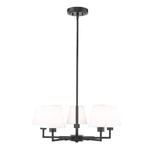 Leila 5-Light Matte Black Chandelier with White Linen Fabric Shades