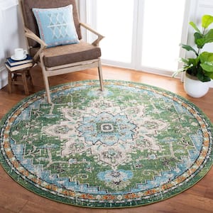 Madison Green/Turquoise 4 ft. x 4 ft. Border Geometric Floral Medallion Round Area Rug