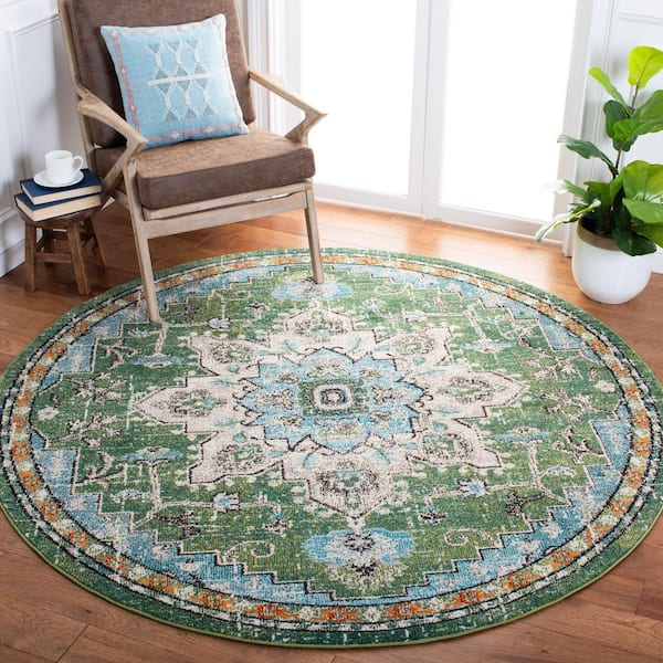 Madison Green/Turquoise 9 ft. x 9 ft. Border Geometric Floral Medallion Round Area Rug