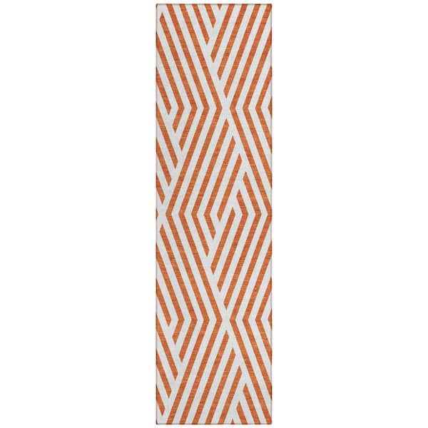 Orange, White 2 ft. x 8 ft. Woven Geometric Polyester Runner Indoor / Outdoor Area Rug