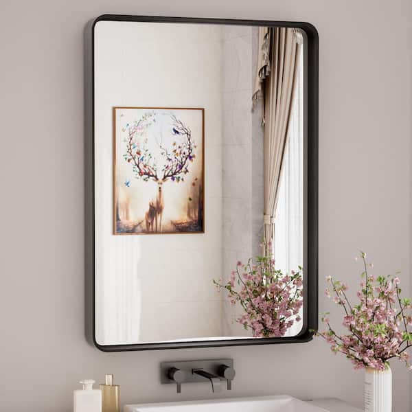 TETOTE 22 in. W x 30 in. H Rectangular Aluminum Framed Wall Mount Bathroom Vanity Mirror in Black