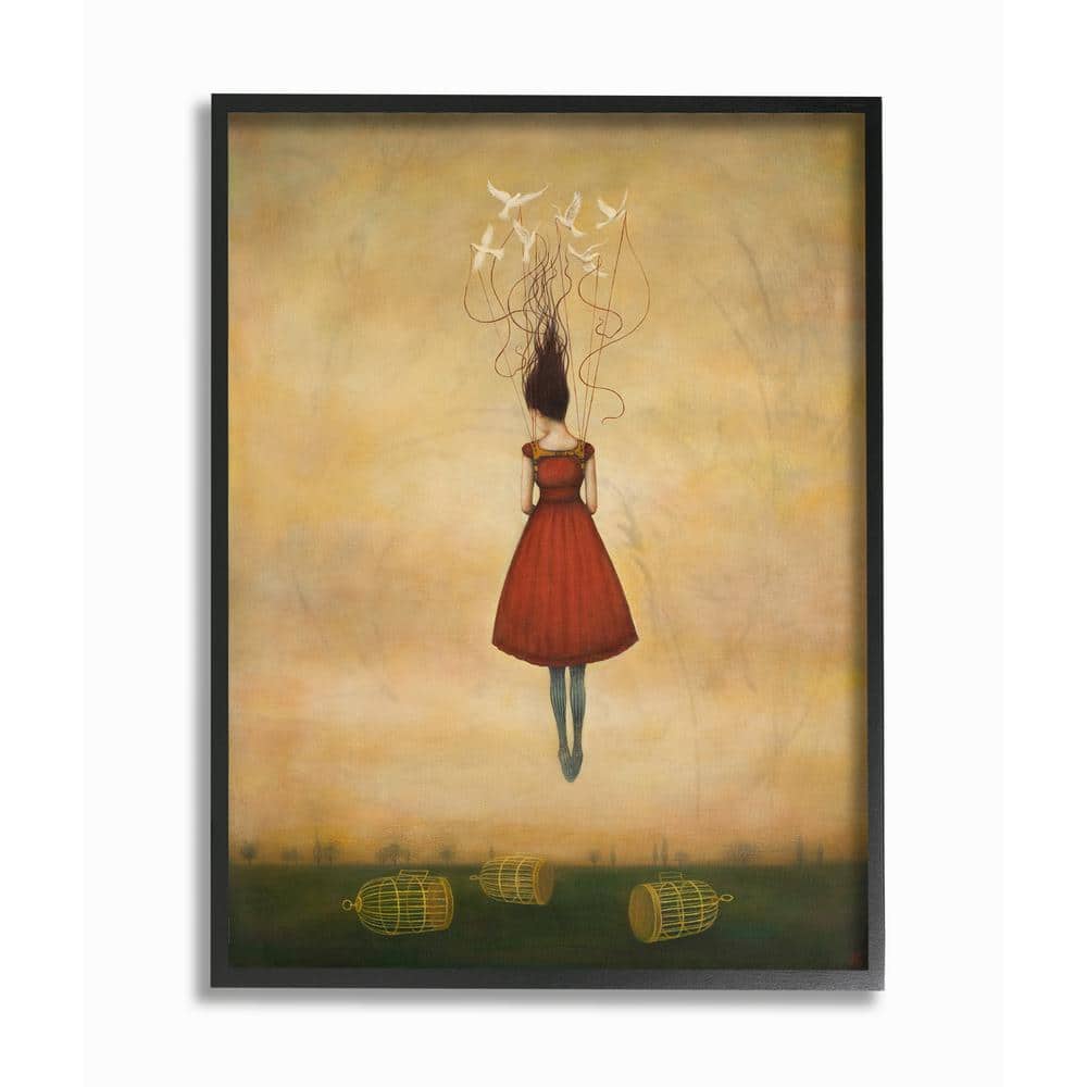Abstract Red Dress Bird Canvas Print with Ebony Frame