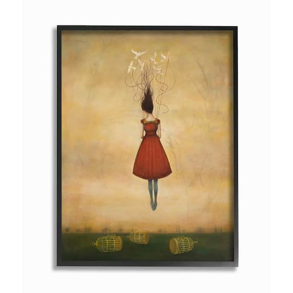 Stupell Industries 16 in. x 20 in. "Beauty and Birds in Her Hair Woman in Red Dress Flying Away" by Duy Huynh Framed Wall Art