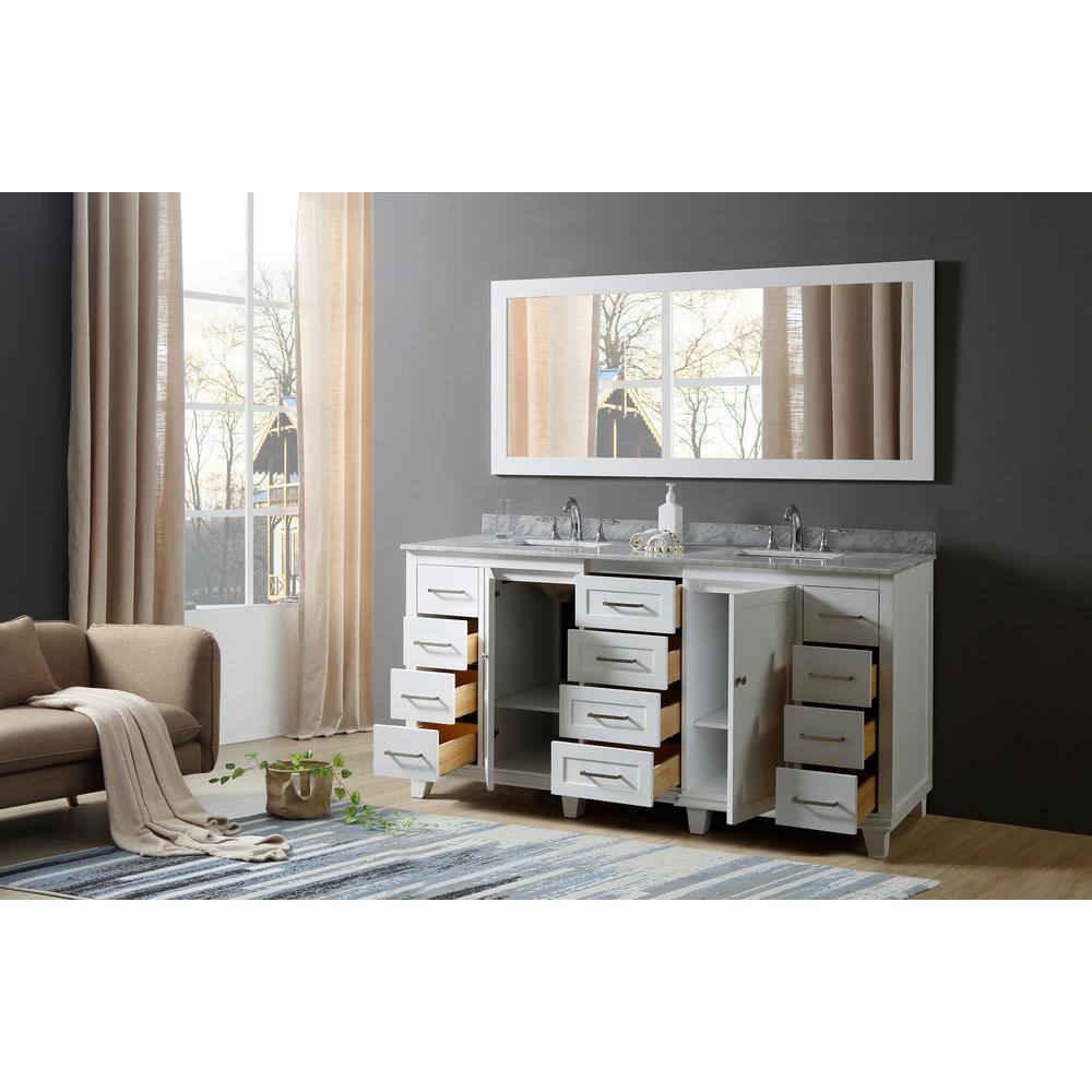 White Double Bathroom Vanity with Marble Top and Storage Drawers