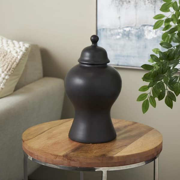 Litton Lane Black Ceramic Rounded Hourglass Decorative Jars with Lid and Ball Knob