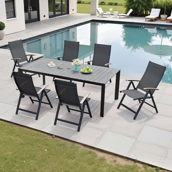Crestlive Products Gray 7-Piece Aluminum Rectangular 71.42 in. Table Outdoor Dining Set and Foldable Chairs