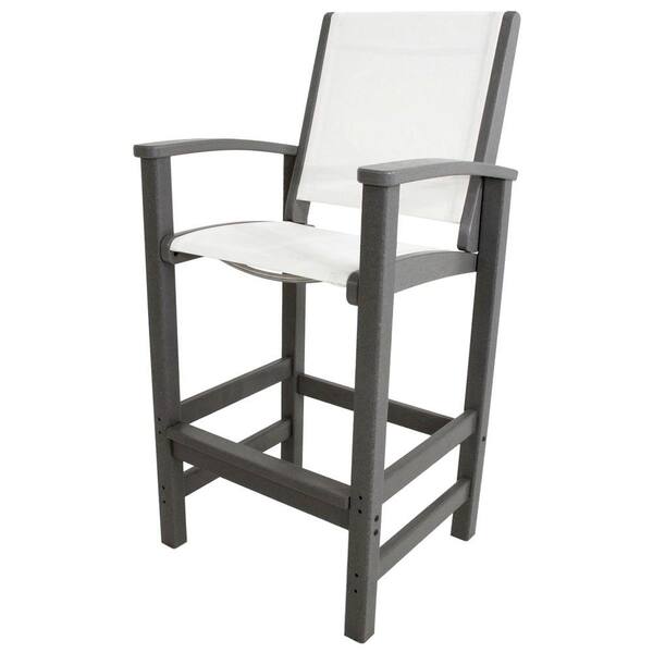 POLYWOOD Coastal Slate Grey All-Weather Plastic Outdoor Bar Chair in White Sling