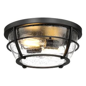 13 in. 2-Lights Matte Black Transitional Flush Mount with Frosted Glass Shade and No Bulbs Included