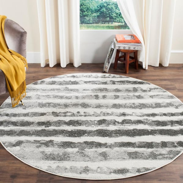 Adirondack Ivory/Charcoal 4 ft. x 4 ft. Round Striped Area Rug