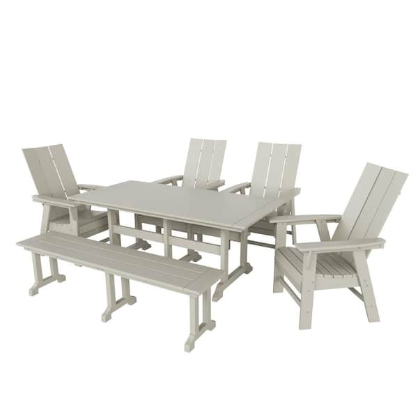 Shoreside Outdoor Patio Weather Resistant Sand 6-Piece HDPE Plastic Adirondack Dining Set with Bench
