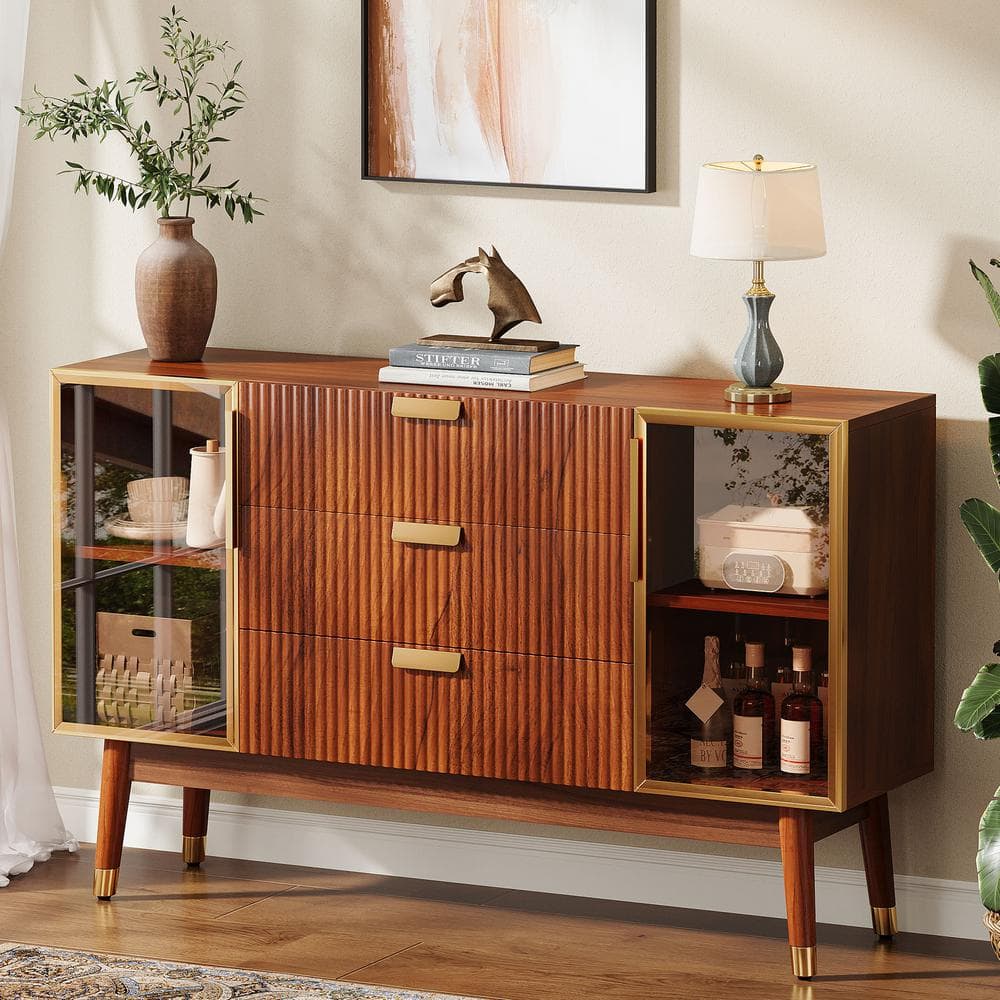 55" Brown Walnut Sideboard Buffet with Gold Metal Handles