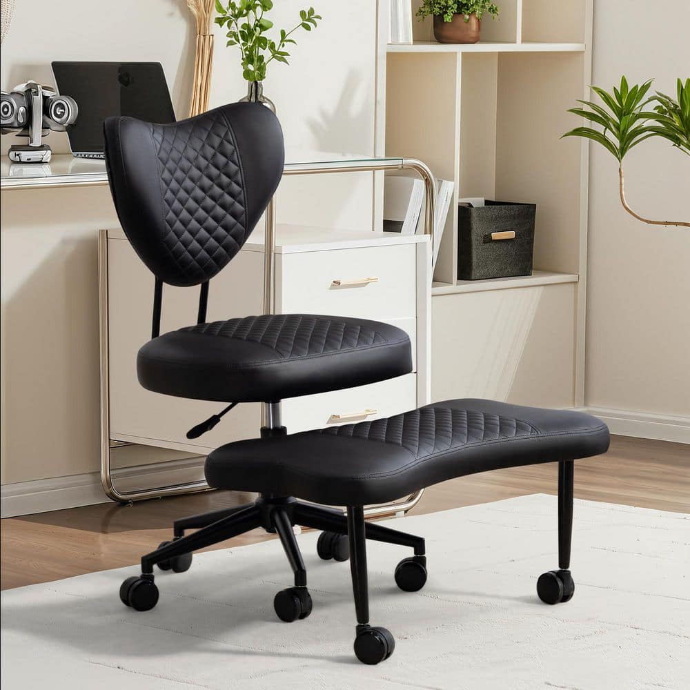 Upholstery Swivel Office Chair & Meditation Chair in Black with Wheels, Cross-Legged Design, Lumbar Support & Footrest
