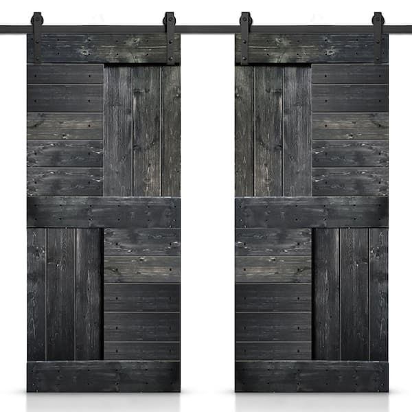 CALHOME 60 in. x 84 in. Metallic Gray Stained DIY Knotty Pine Wood Interior Double Sliding Barn Door with Hardware Kit