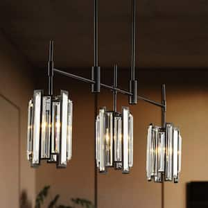 Charlene 35.4 in. 3-Light Black Linear Chandelier with Drum Crystal Shades Kitchen Island Pendant Light