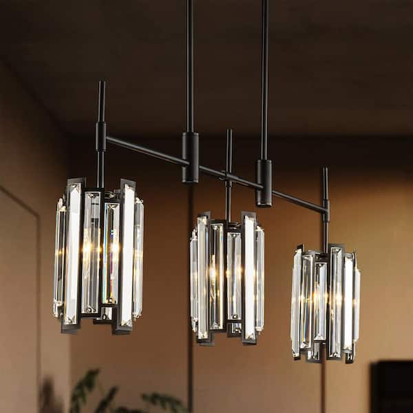 Rennnsan Charlene 35.4 in. 3-Light Black Linear Chandelier with Drum Crystal Shades Kitchen Island Pendant Light