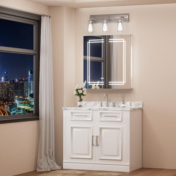 30 in. W x 32 in. H Rectangular Aluminum Surface Mount LED Medicine Cabinet with Mirror and Lighted, Defogger