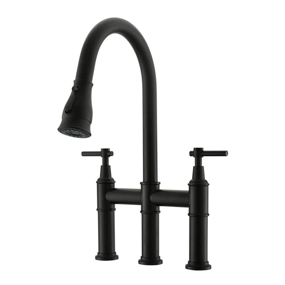 Double Handle Bridge Kitchen Faucet with Pull Down Sprayer in Matte Black