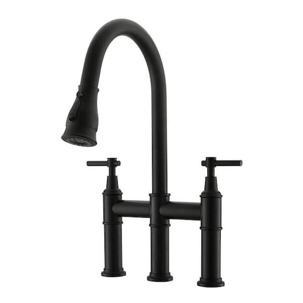 PERLIRIA INC Double Handle Bridge Kitchen Faucet with Pull Down Sprayer in Matte Black