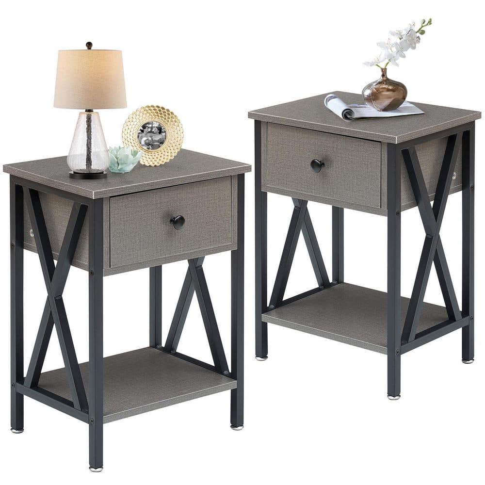 Nightstands X-Design Side End Table Night Stand Storage Shelf with Drawer 11.8Wx 15.8L x 21.7H Retro Black Set of 2 - thumbnail 2