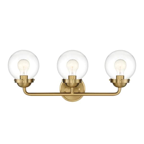 Knoll 24 in. 3-Light Brushed Gold Retro Vanity Light with Clear Glass Shades