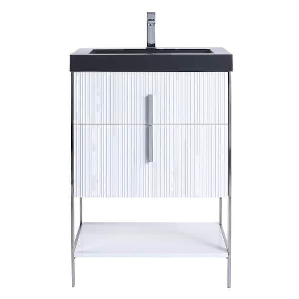 FINE FIXTURES 24 in. W x 18 in. D x 33.5 in. H Bath Vanity in White with Gel Coated Acrylic Top in Black with Chrome Hardware