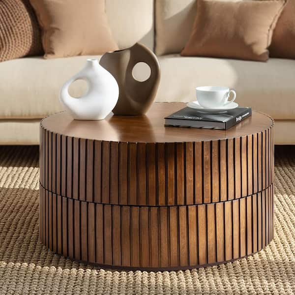 Pierre 27.8 in. Walnut Round Wood Coffee Table with Dual Rotating Surfaces