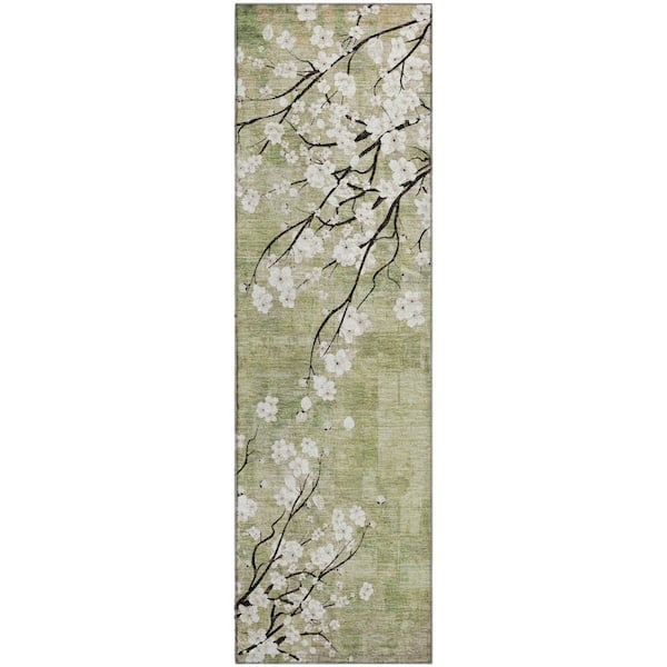Mayfield Premium Machine Washable Abstract AMF2248 Aloe 2 ft. x 7 ft. Runner Rug