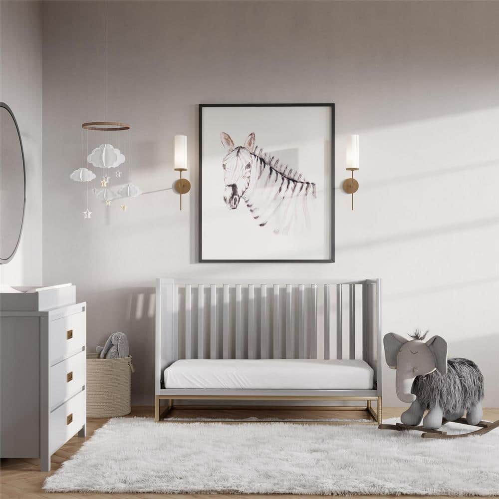 Dove Gray 3-in-1 Convertible Wood Crib with Gold Metal Base