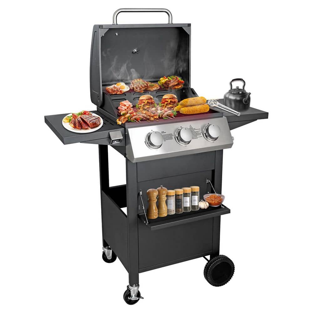 30,000 BTU 3 Burner BBQ Gas Propane Grill, Powder Coating, Built-in Thermom