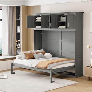 Gray Wood Frame Full Size Murphy Bed with 5 Top Storage Cabinets