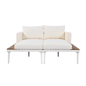 Modern Metal Patio Outdoor Day Bed Daybed with Beige Cushions and Wood Topped Side Spaces for Drinks