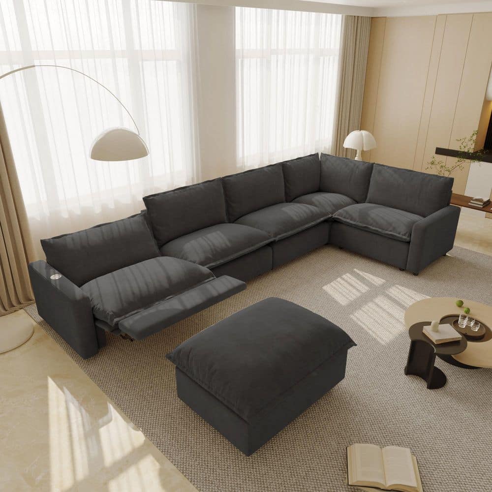 149.6 in. Square Arm 6-Piece Linen Modular Free Combination Heated Power Reclining Sectional Sofa in Gray