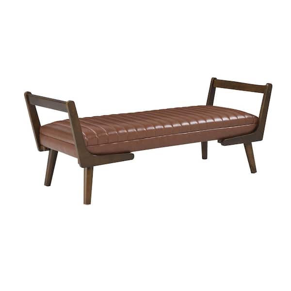 Adeline 52 in. Cognac PU Bedroom Upholstered Bench with Wood Leg