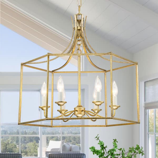 22.24 in. 6-Light Vintage Gold Geometric Cage Chandelier Light Fixture for Kitchen Island