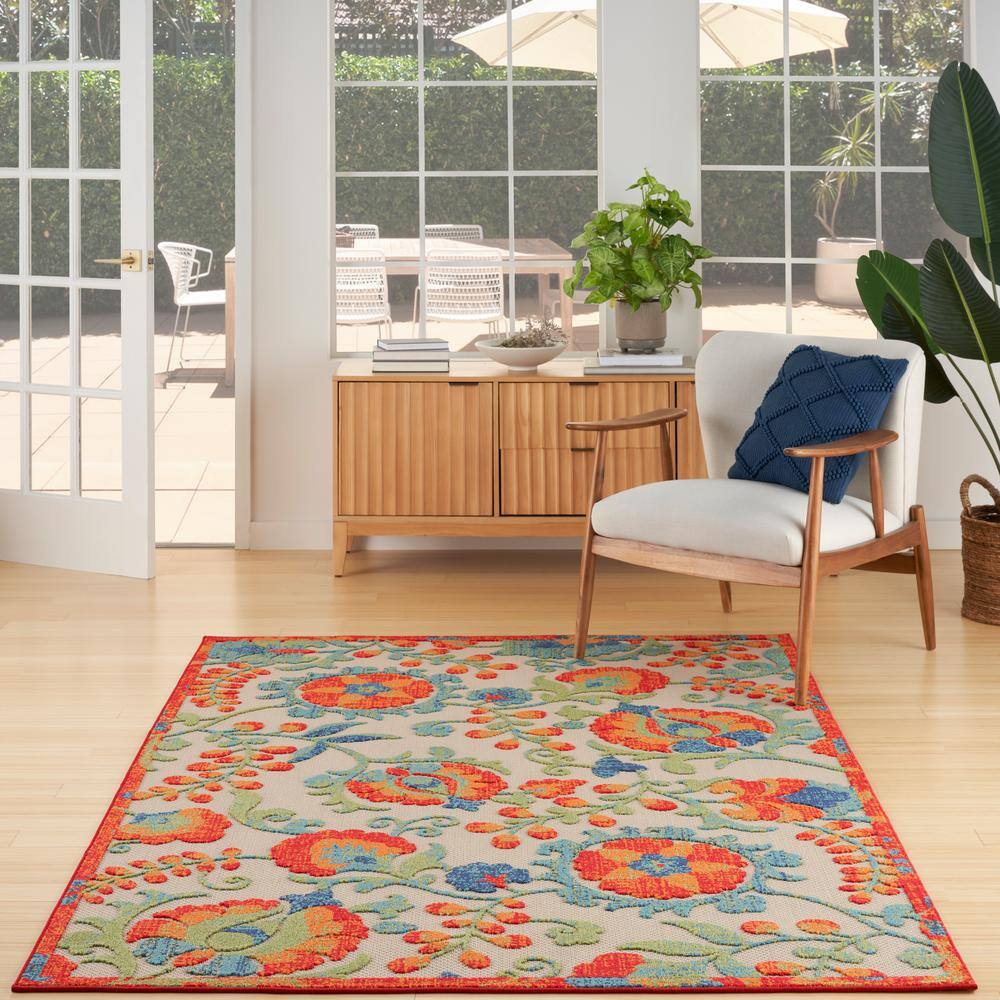 Aloha Red Multicolor Floral Synthetic Outdoor Rug 5'3" x 7'5"
