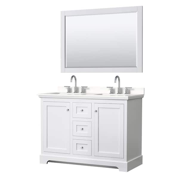 Wyndham Collection Avery 48 in. W x 22 in. D x 35 in. H Double Bath Vanity in White with White Quartz Top and 46 in. Mirror