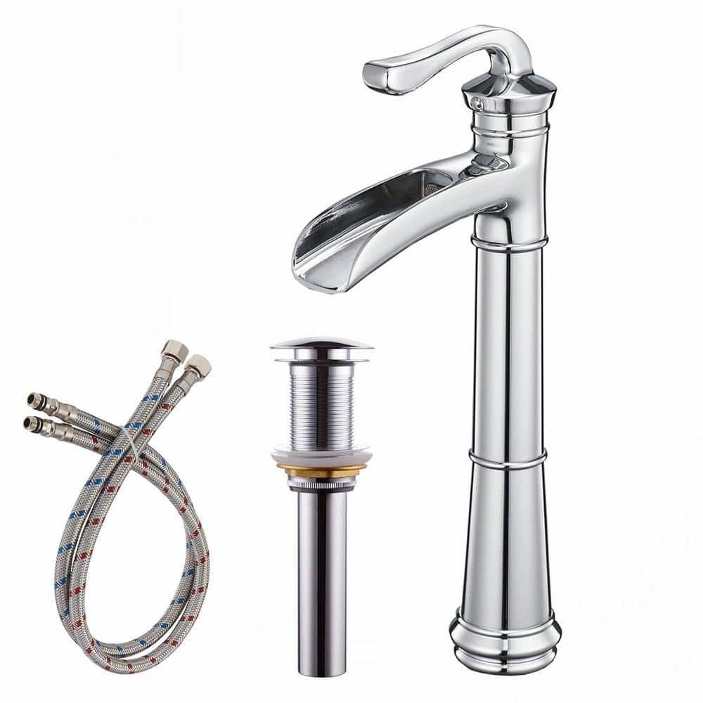 Single Handle Waterfall Bathroom Vessel Sink Faucet with Pop-Up Drain Singl