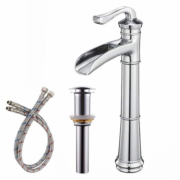 Unbranded Single Handle Waterfall Bathroom Vessel Sink Faucet with Pop-Up Drain Single Hole Tall Bathroom Taps in Polished Chrome