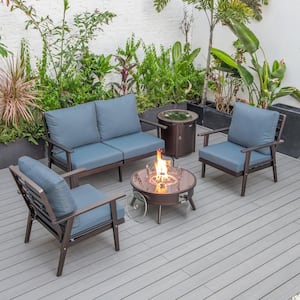 Walbrooke Brown 5-Piece Aluminum Round Patio Fire Pit Set with Navy Blue Cushions and Tank Holder