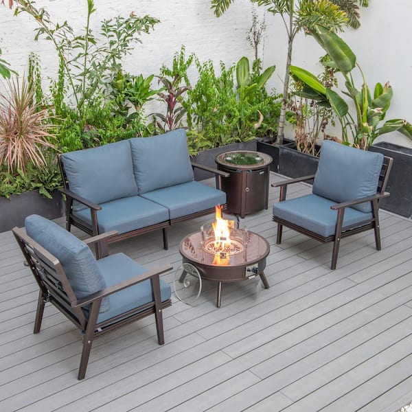 Leisuremod Walbrooke Brown 5-Piece Aluminum Round Patio Fire Pit Set with Navy Blue Cushions and Tank Holder