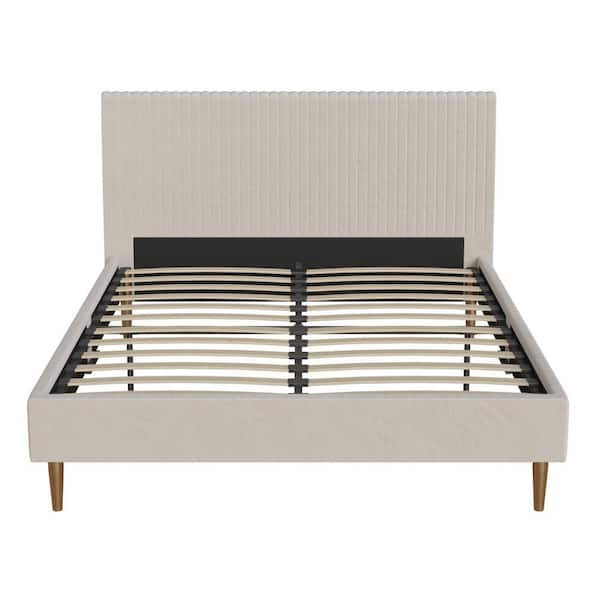 Unbranded Daphne, Ivory Velvet, Metal Frame, Queen Upholstered Platform Bed with Vertical Channel Tufted Headboard