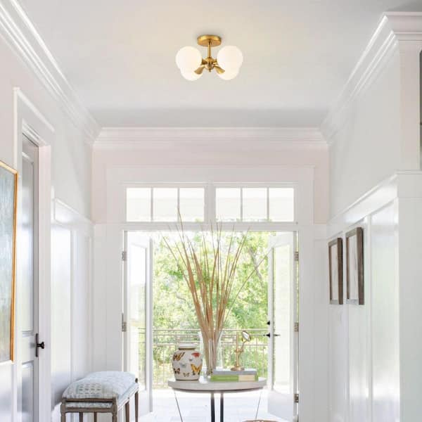 Naveen 14.2 in. 4-Light Gold Bubble Modern Sputnik Semi-Flush Mount Ceiling Lighting with Opal Glass Globe Shade