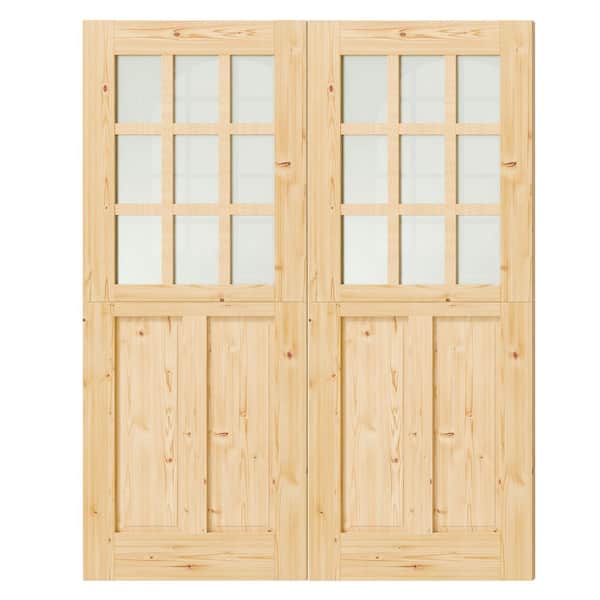 64in. x 80in. 9 Lite Frosted Glass, Finished Half Split Interior Dutch Door Slab with Natural Pine Wood Color
