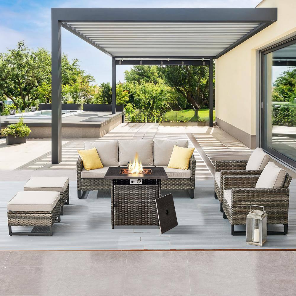 U-Weave 6-Piece Gray Wicker Outdoor Square Fire Pit Conversation Set with Beige Cushions and Sofa Set price history on PriceWatchPro