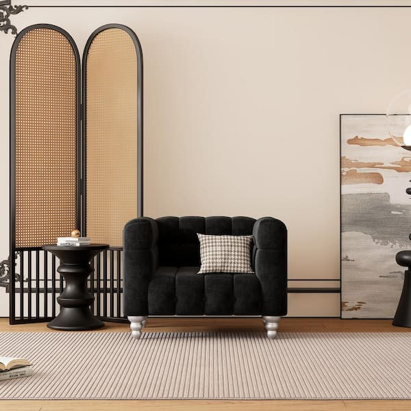 Harper & Bright Designs Black 42 in. Buttoned Tufted Modern Polyester Arm Chair, Upholstered Single Sofa with Solid Wood Legs