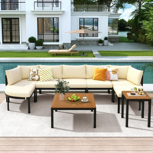 Modern Metal Outdoor Sectional Sofa Set Patio Seating Group Outdoor Conversation Set, with Cushions, Backyard, White