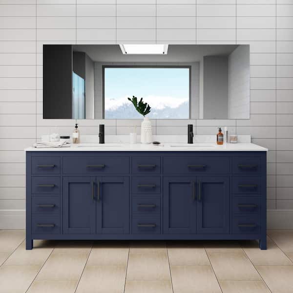 Wyndham Collection Beckett 84 in. W x 22 in. D x 35 in. H Double Sink Bathroom Vanity in Dark Blue with Carrara Cultured Marble Top