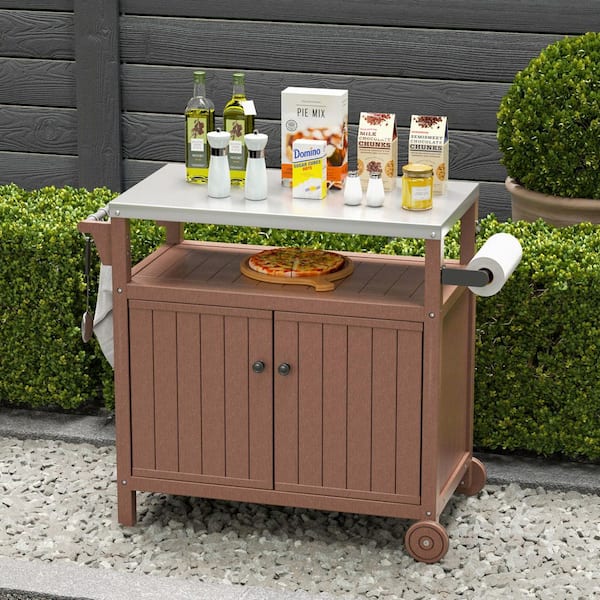 Cesicia 42 in. Brown Outdoor Grilling Cart with Stainless Steel Countertop and Storage Cabinet