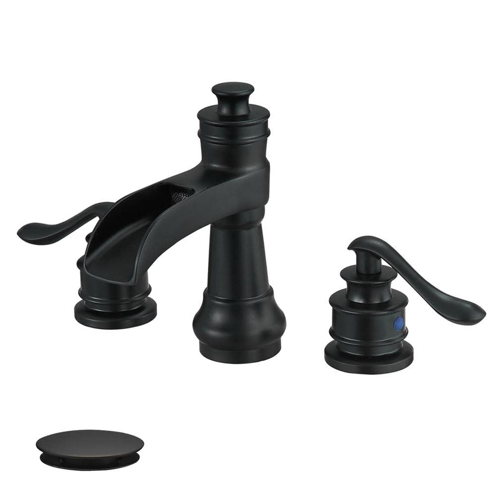 8 in. Waterfall Widespread 2-Handle Bathroom Faucet with Pop-up Drain Assembly in Spot Resist Matte Black price history on PriceWatchPro