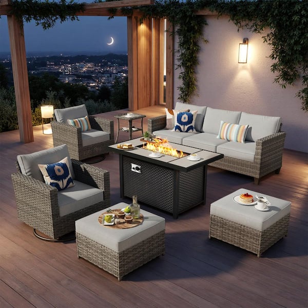 Camden Gray 7-Piece Wicker Outdoor 50000 BTU Fire Pit Patio Conversation Set with Light Gray Cushions and Swivel Chairs